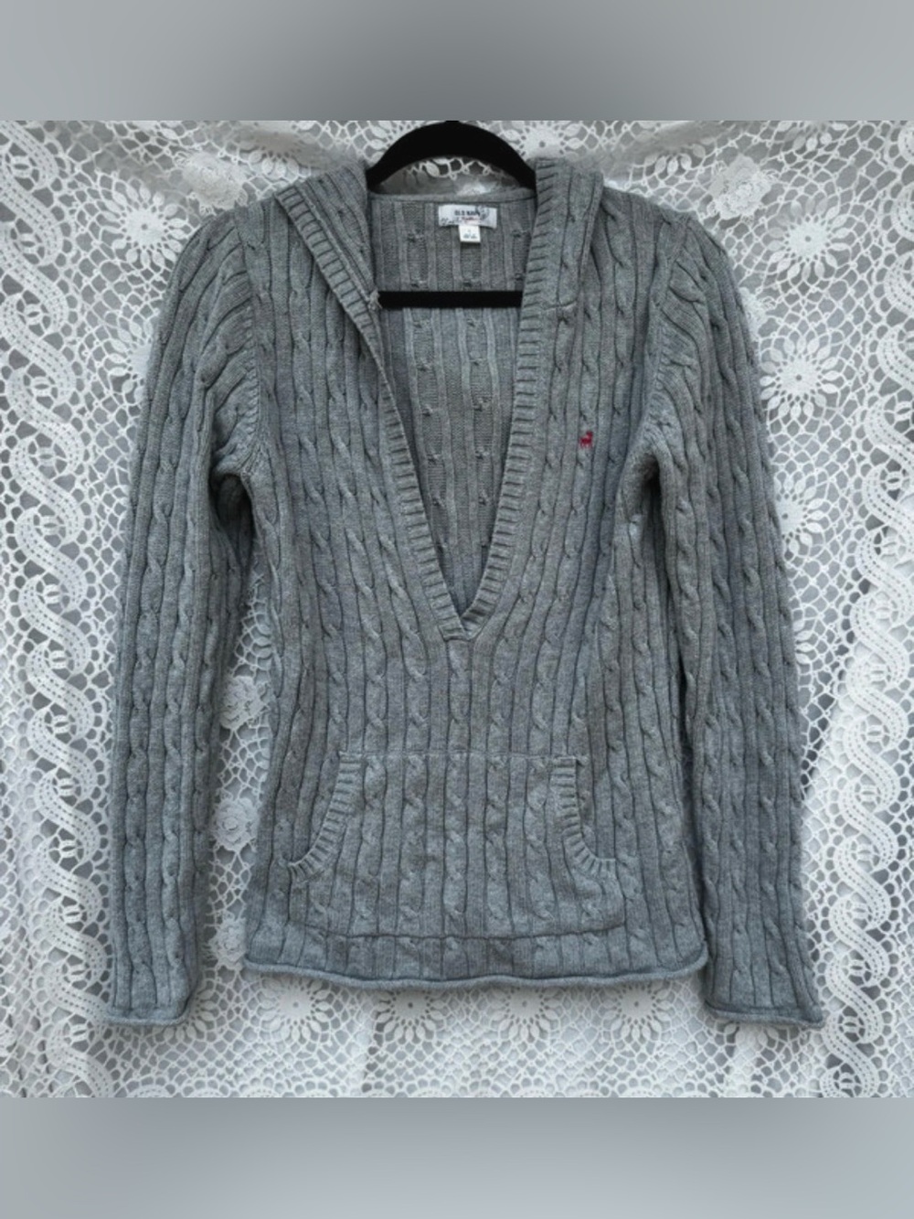 Y2K Old Navy Cable Knit Sweater Large - Cable Knit Deep V Hoodie Sweater - Gray